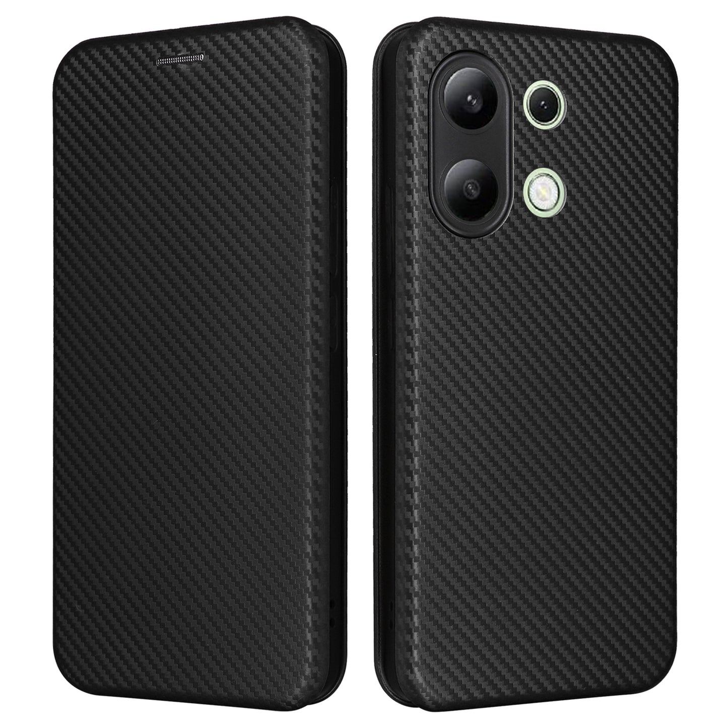 For Xiaomi Redmi Note 13 4G Leather Case Carbon Fiber Texture Phone Cover Magnetic Shock Absorbing - Black