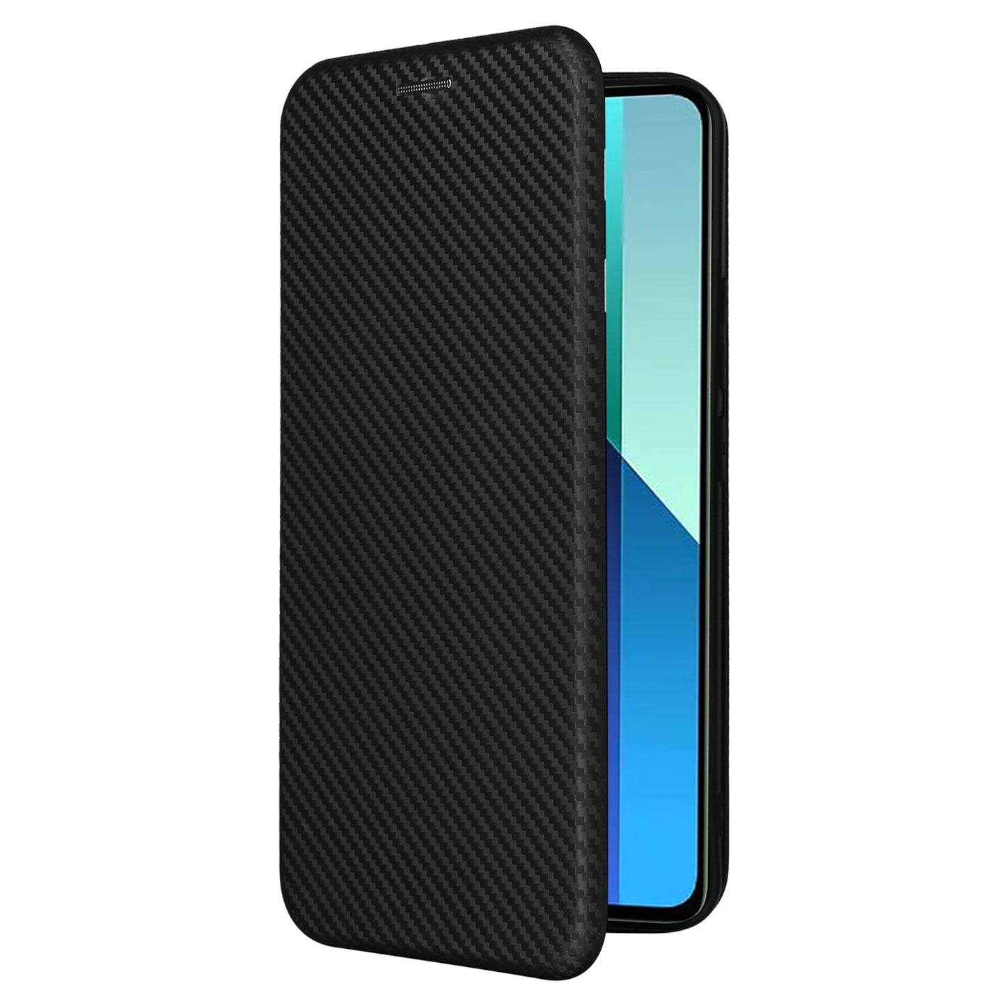 For Xiaomi Redmi Note 13 4G Leather Case Carbon Fiber Texture Phone Cover Magnetic Shock Absorbing - Black