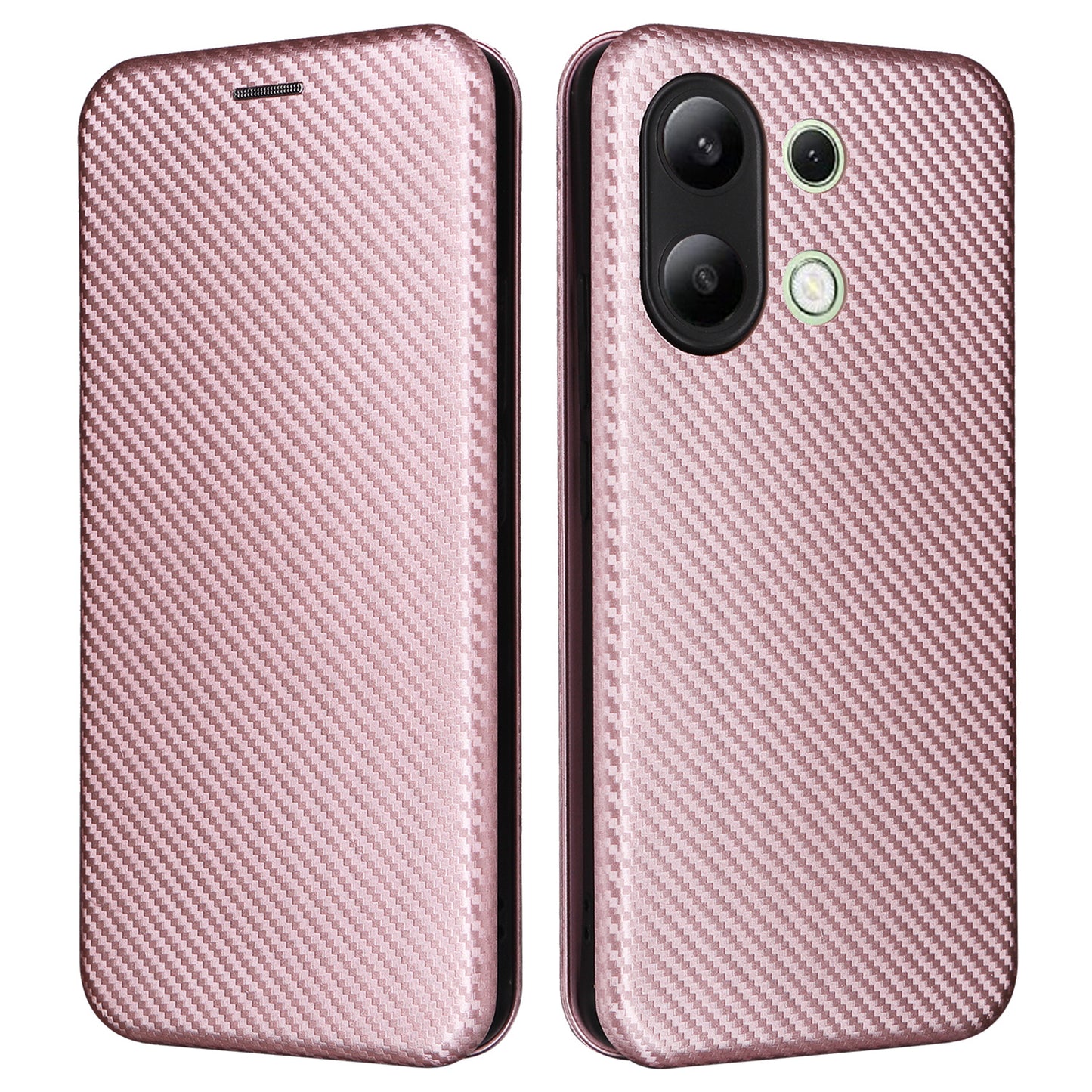 For Xiaomi Redmi Note 13 4G Leather Case Carbon Fiber Texture Phone Cover Magnetic Shock Absorbing - Rose Gold