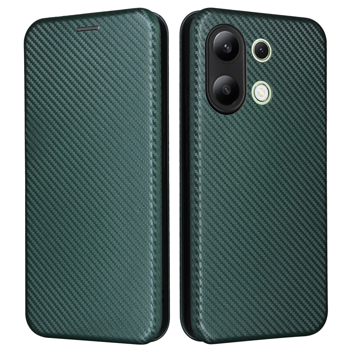 For Xiaomi Redmi Note 13 4G Leather Case Carbon Fiber Texture Phone Cover Magnetic Shock Absorbing - Green