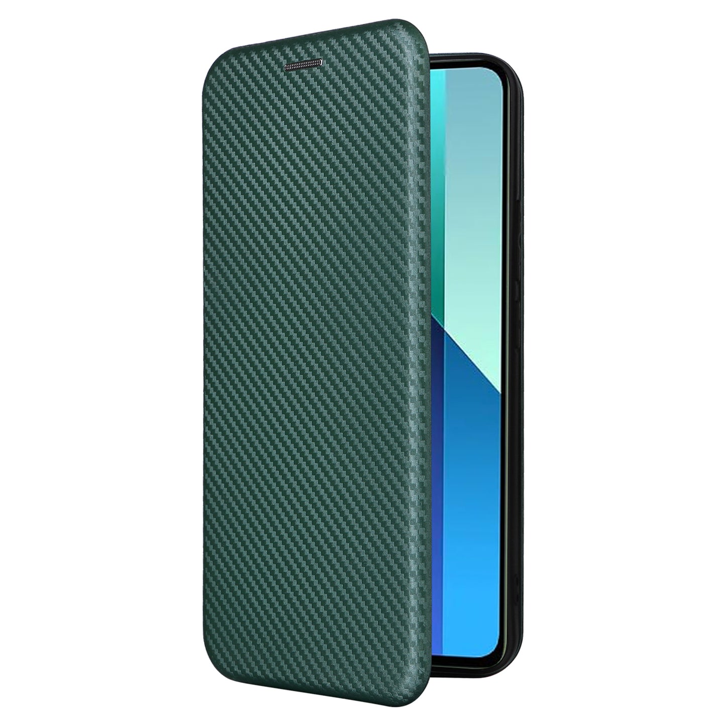 For Xiaomi Redmi Note 13 4G Leather Case Carbon Fiber Texture Phone Cover Magnetic Shock Absorbing - Green