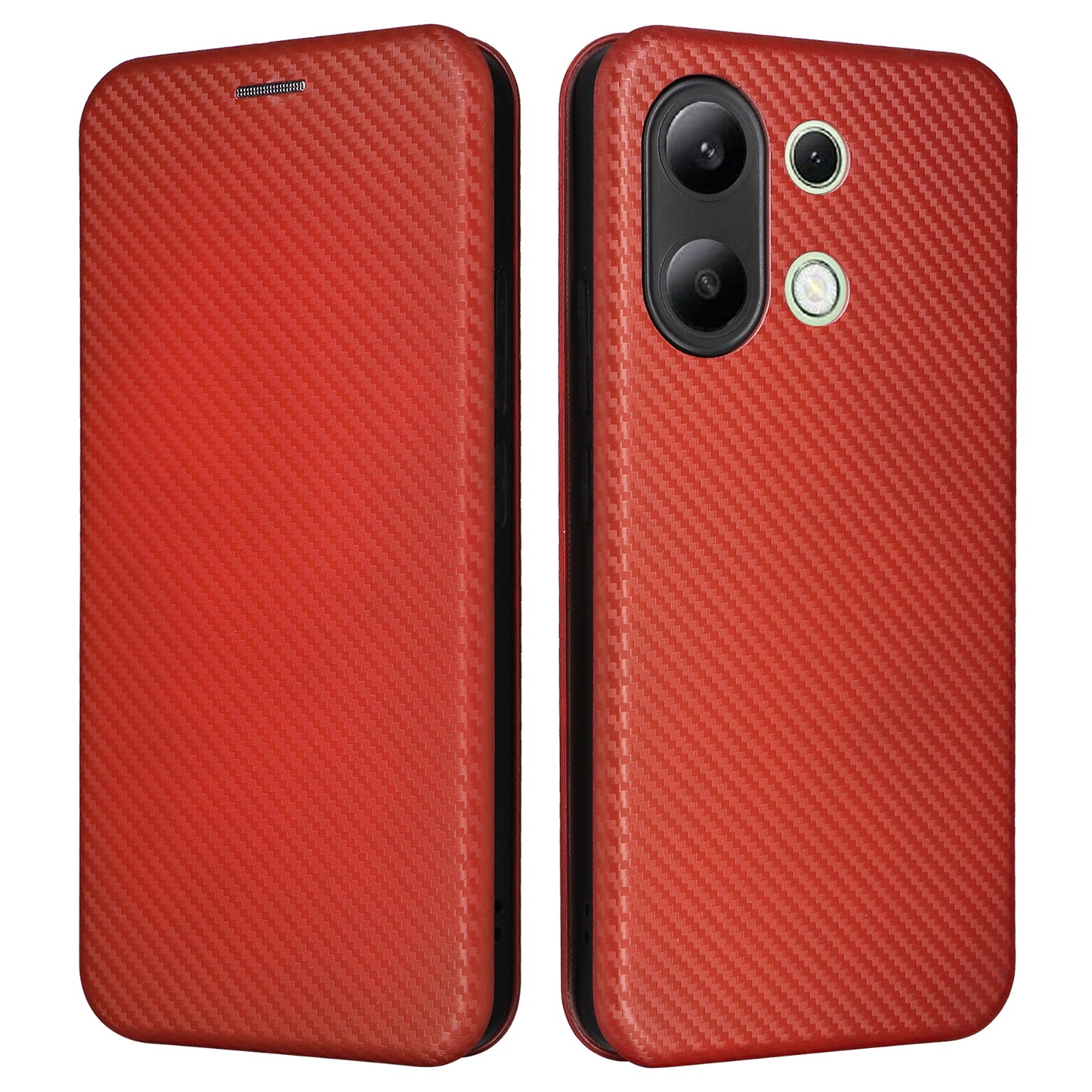 For Xiaomi Redmi Note 13 4G Leather Case Carbon Fiber Texture Phone Cover Magnetic Shock Absorbing - Brown