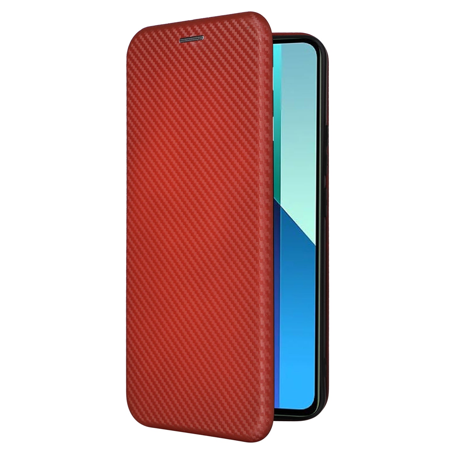 For Xiaomi Redmi Note 13 4G Leather Case Carbon Fiber Texture Phone Cover Magnetic Shock Absorbing - Brown