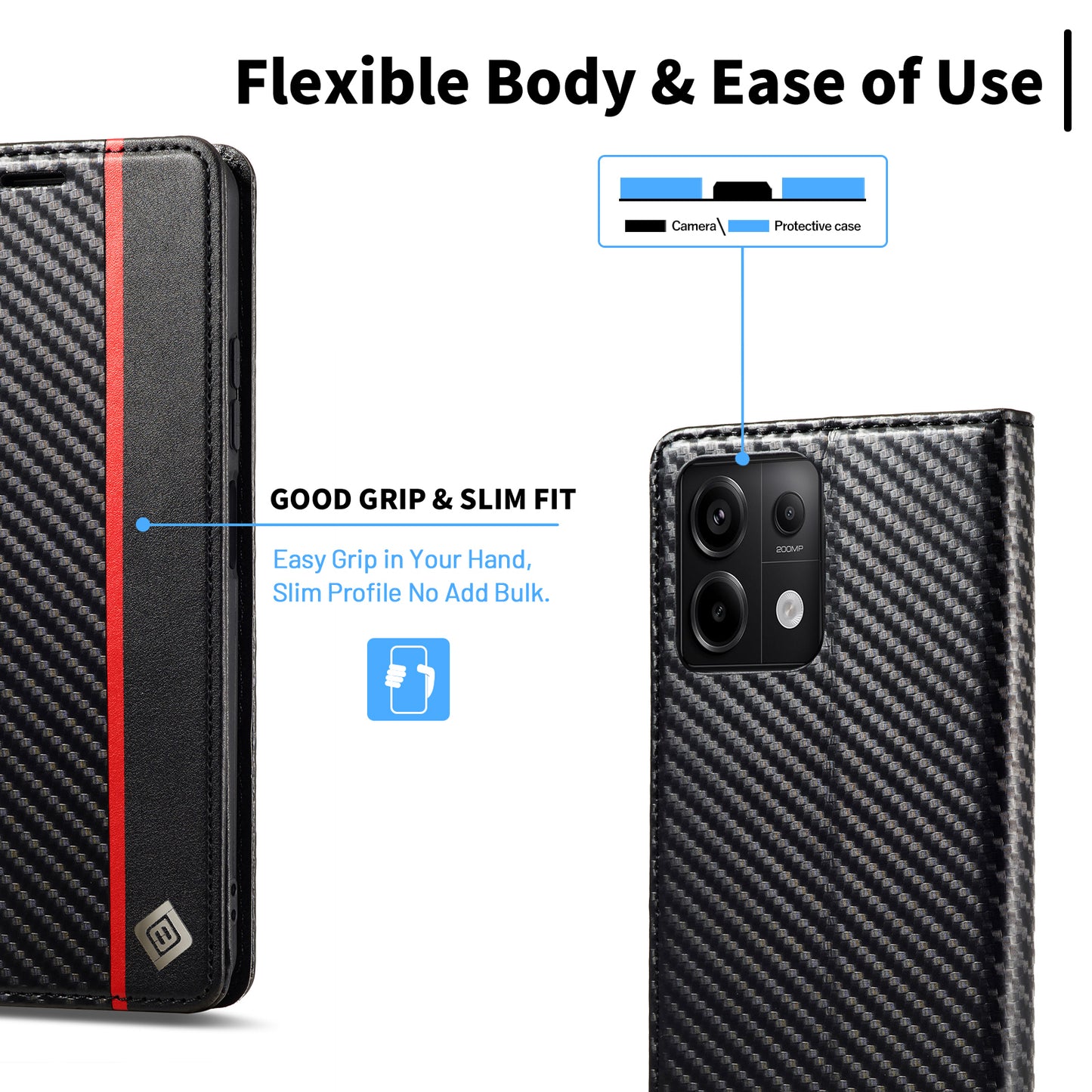 LC.IMEEKE For Xiaomi Redmi Note 13 Pro 5G / Poco X6 5G Leather Case Carbon Fiber Texture Wallet Stand Cover - Vertical Stripe