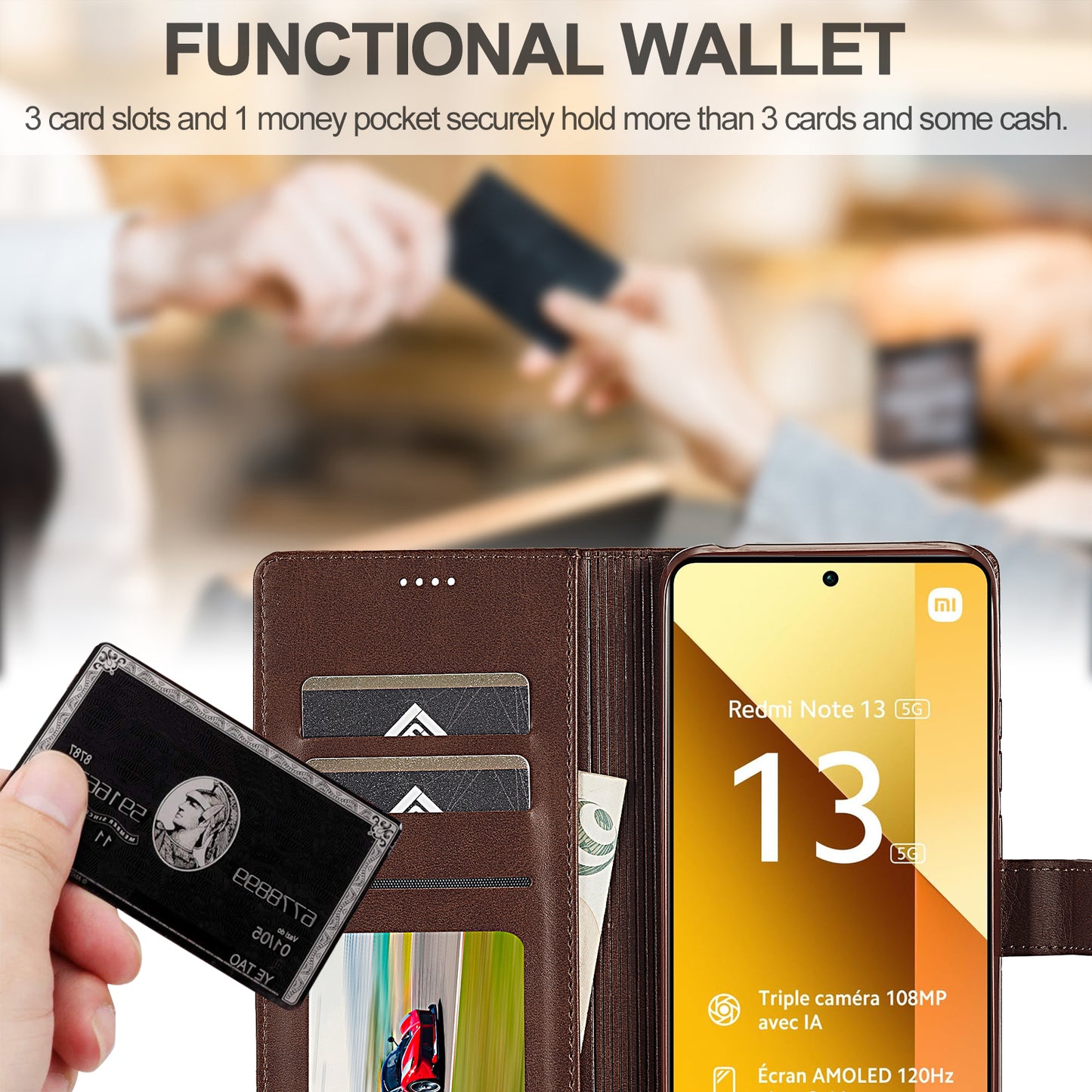 LC.IMEEKE For Xiaomi Redmi Note 13 5G Case Flip Leather Wallet Stand Phone Cover - Brown