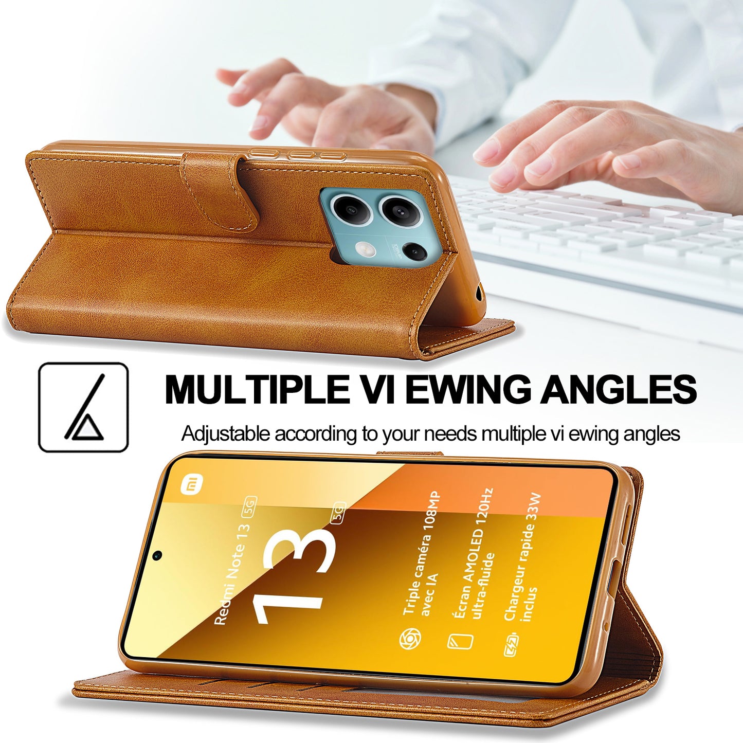 LC.IMEEKE For Xiaomi Redmi Note 13 Pro 5G / Poco X6 5G Case Wallet Stand Calf Texture Leather Phone Cover - Yellow