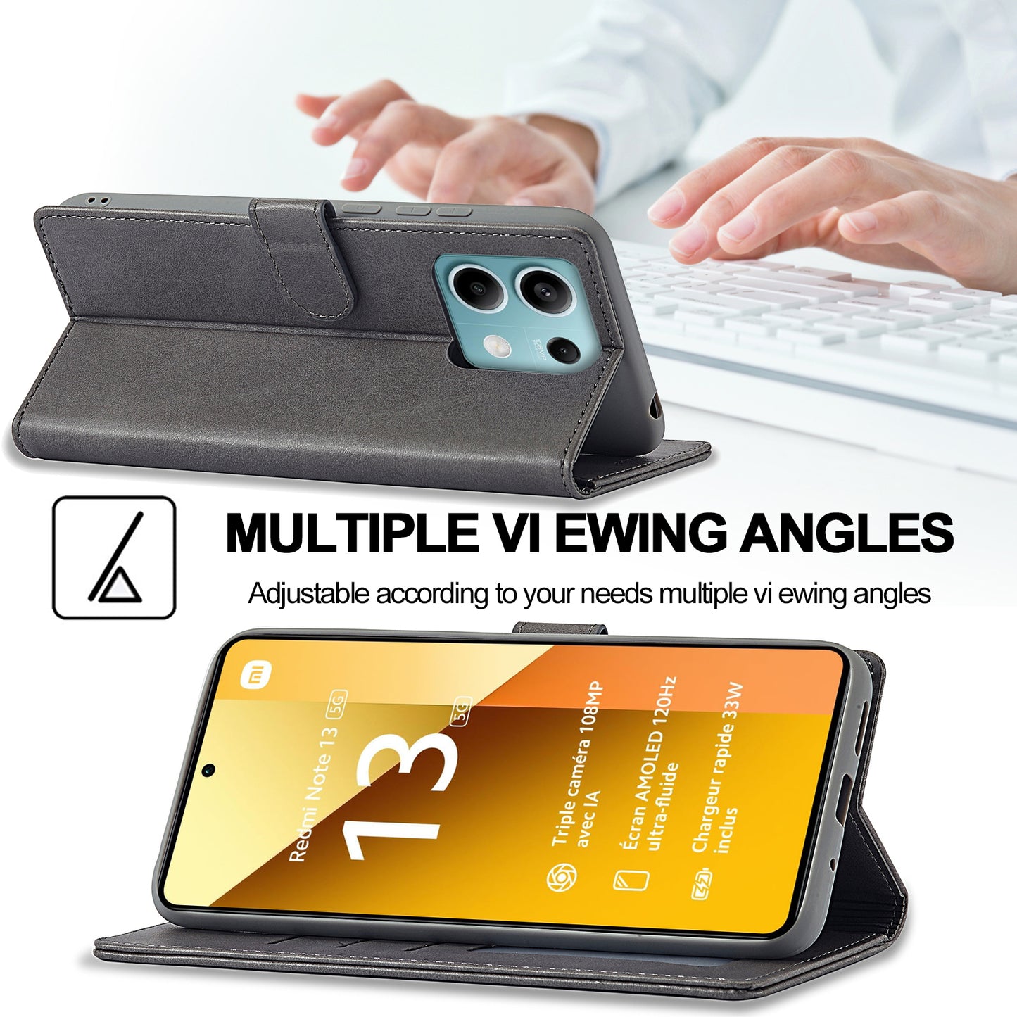 LC.IMEEKE For Xiaomi Redmi Note 13 Pro 5G / Poco X6 5G Case Wallet Stand Calf Texture Leather Phone Cover - Grey