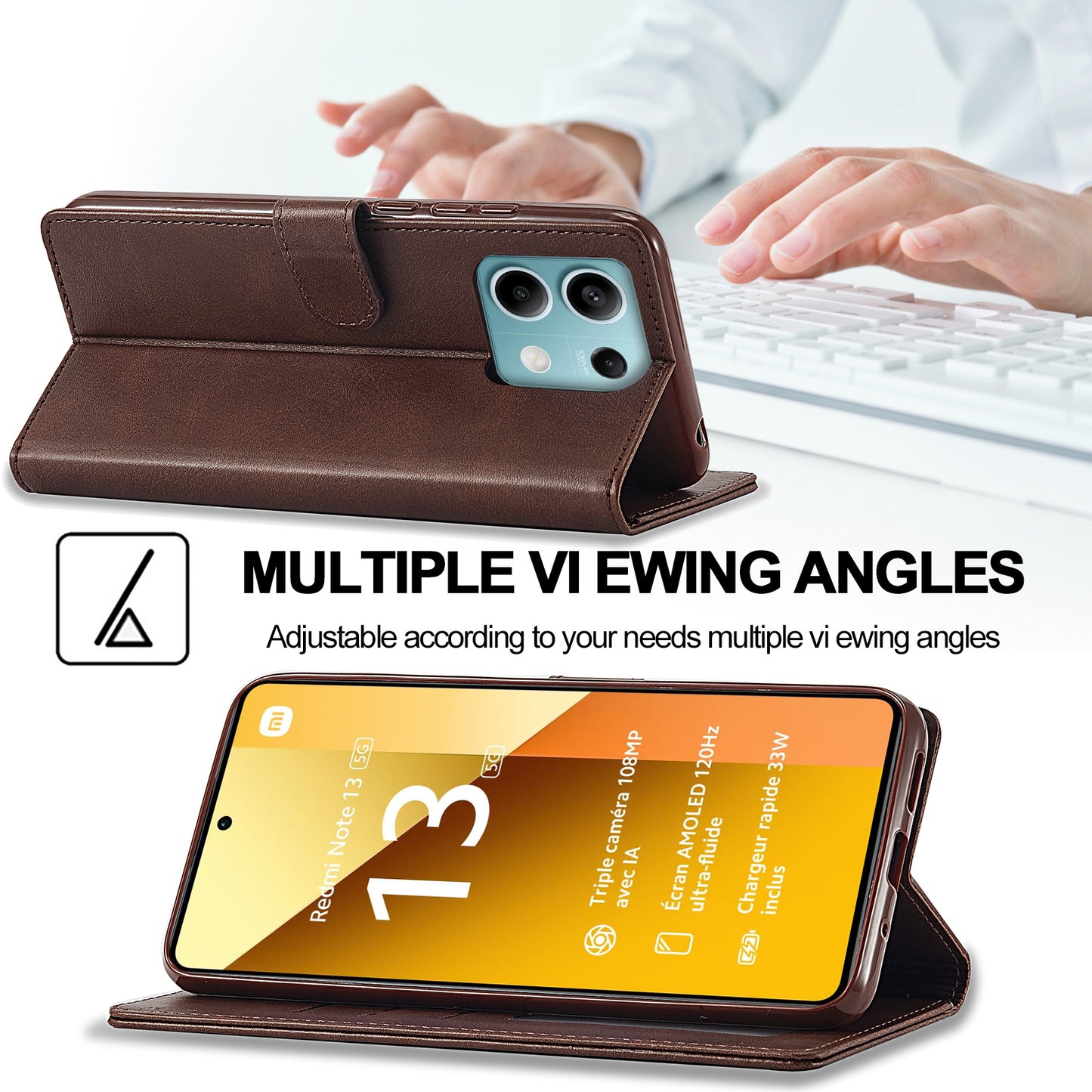 LC.IMEEKE For Xiaomi Redmi Note 13 Pro 5G / Poco X6 5G Case Wallet Stand Calf Texture Leather Phone Cover - Brown