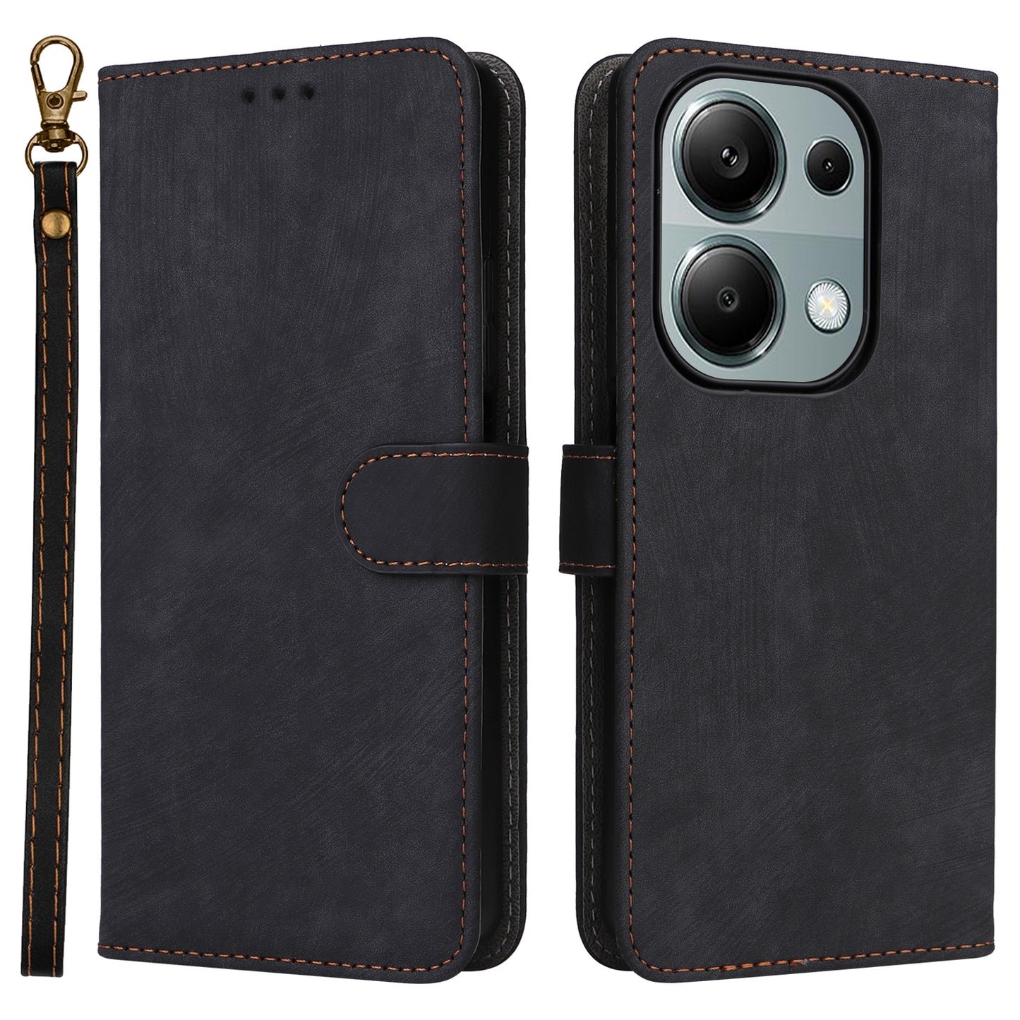 For Xiaomi Redmi Note 13 Pro 4G / Poco M6 Pro 4G Case with Strap RFID Blocking PU Leather Cover Stand - Black
