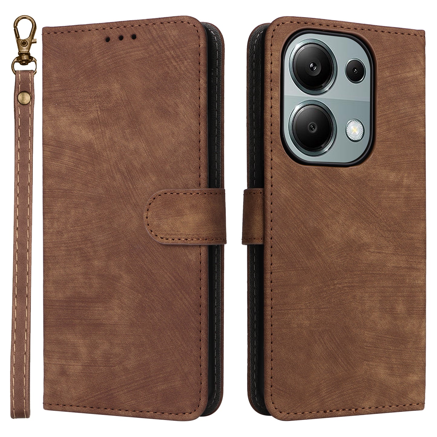 For Xiaomi Redmi Note 13 Pro 4G / Poco M6 Pro 4G Case with Strap RFID Blocking PU Leather Cover Stand - Brown