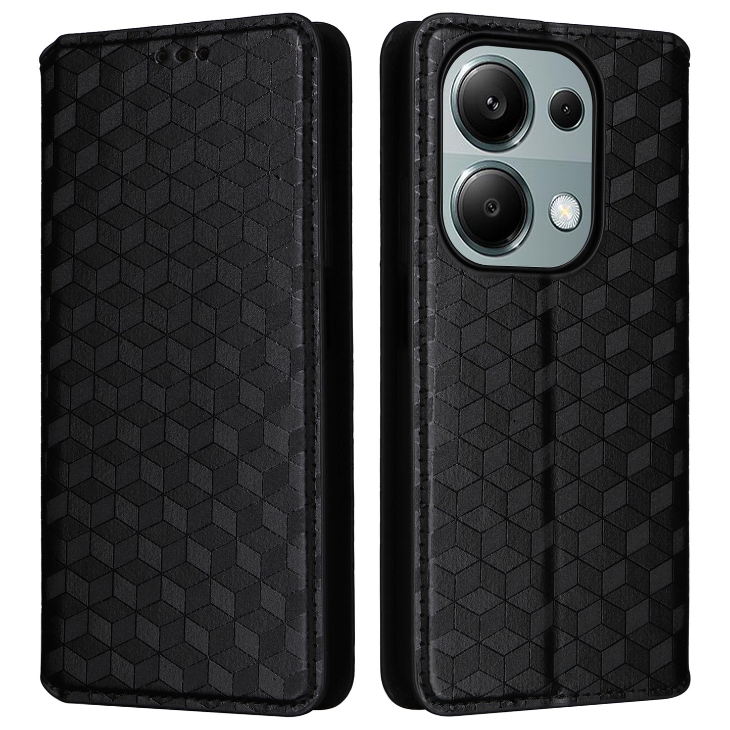 For Xiaomi Redmi Note 13 Pro 4G / Poco M6 Pro 4G Case Rhombus Imprinted Stand View Phone Cover - Black