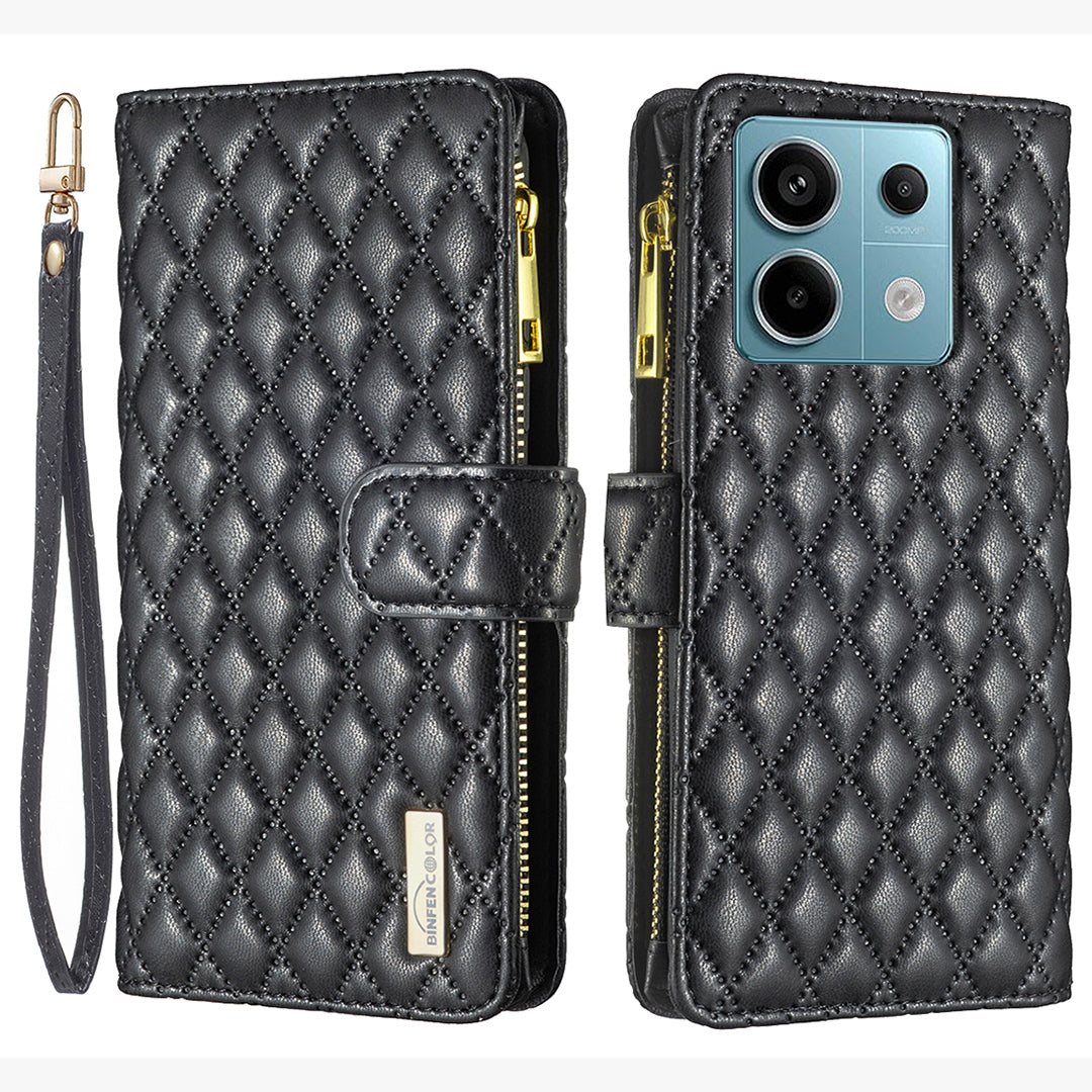 BINFEN COLOR BF Style-15 For Xiaomi Redmi Note 13 Pro 4G / Poco M6 Pro 4G Phone Case Zipper Pocket Leather Cover - Black