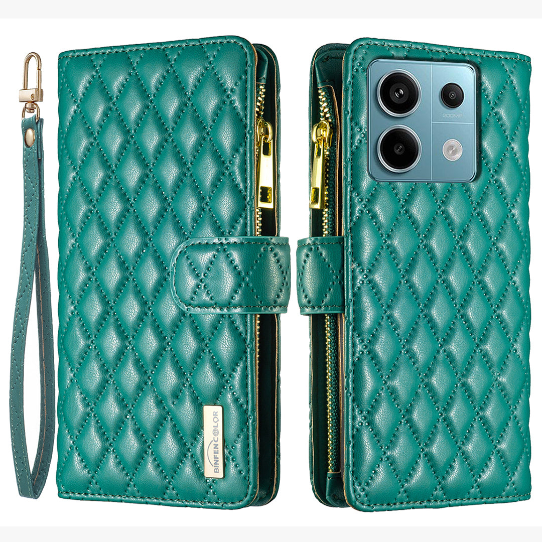 BINFEN COLOR BF Style-15 For Xiaomi Redmi Note 13 Pro 4G / Poco M6 Pro 4G Phone Case Zipper Pocket Leather Cover - Green