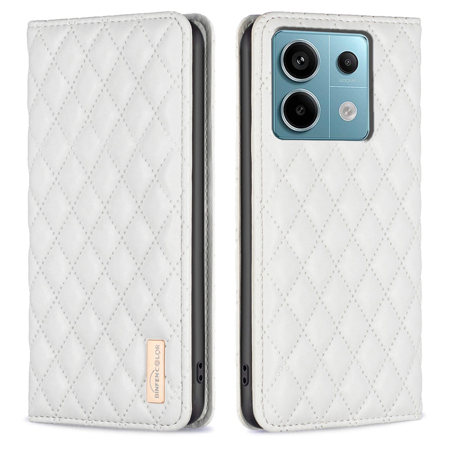 BINFEN COLOR BF Style-16 For Xiaomi Redmi Note 13 Pro 4G / Poco M6 Pro 4G Case Hidden Magnetic Closure Folio Wallet Cover - White