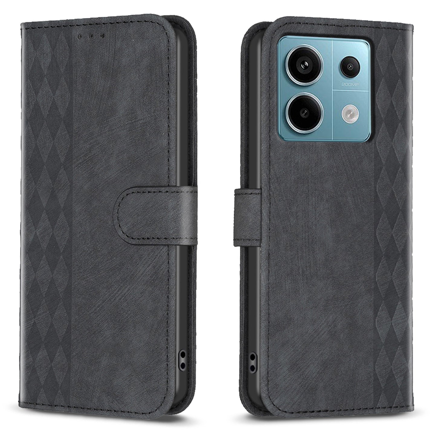 For Xiaomi Redmi Note 13 Pro 4G / Poco M6 Pro 4G Leather Case Flip Phone Cover with TPU Inner Shell Grid Pattern - Black