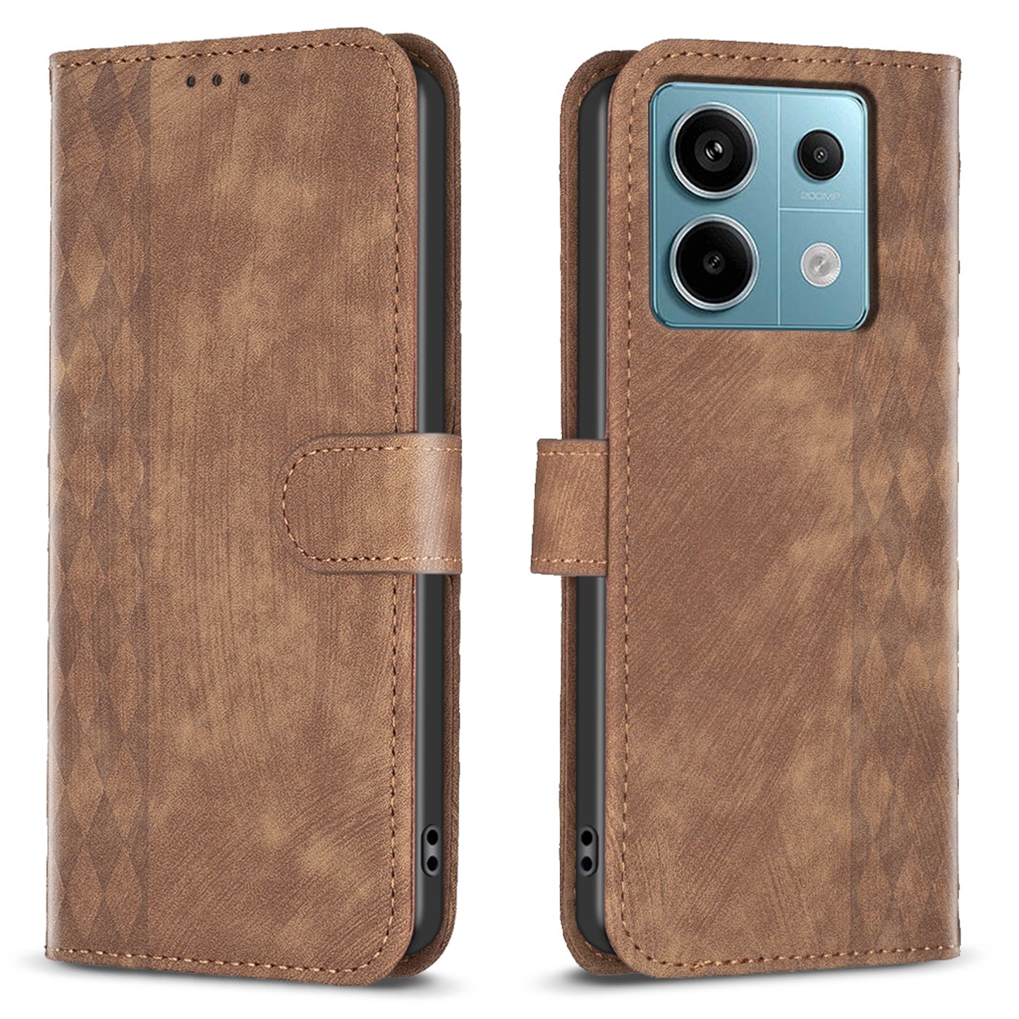For Xiaomi Redmi Note 13 Pro 4G / Poco M6 Pro 4G Leather Case Flip Phone Cover with TPU Inner Shell Grid Pattern - Brown