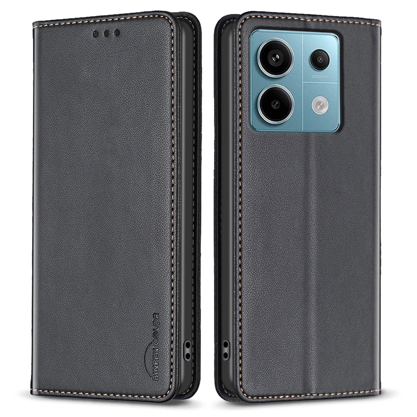 BINFEN COLOR BF18 For Xiaomi Redmi Note 13 Pro 4G / Poco M6 Pro 4G Leather Case with Card Holder Magnetic Auto-absorbed - Black