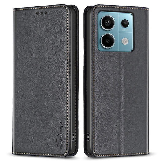 BINFEN COLOR BF18 For Xiaomi Redmi Note 13 Pro 4G / Poco M6 Pro 4G Leather Case with Card Holder Magnetic Auto-absorbed - Black