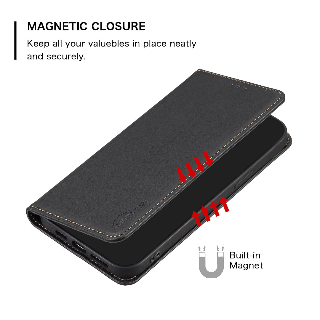 BINFEN COLOR BF18 For Xiaomi Redmi Note 13 Pro 4G / Poco M6 Pro 4G Leather Case with Card Holder Magnetic Auto-absorbed - Black