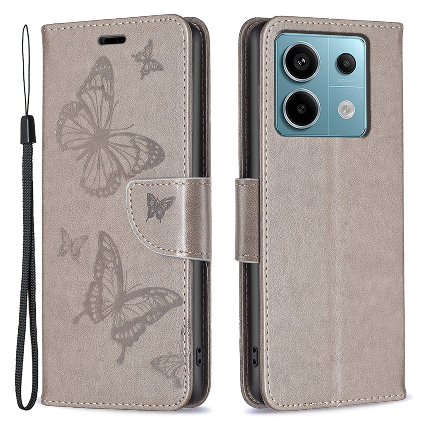 For Xiaomi Redmi Note 13 Pro 4G / Poco M6 Pro 4G Leather Case Butterfly Pattern Magnetic Folio Phone Cover - Grey