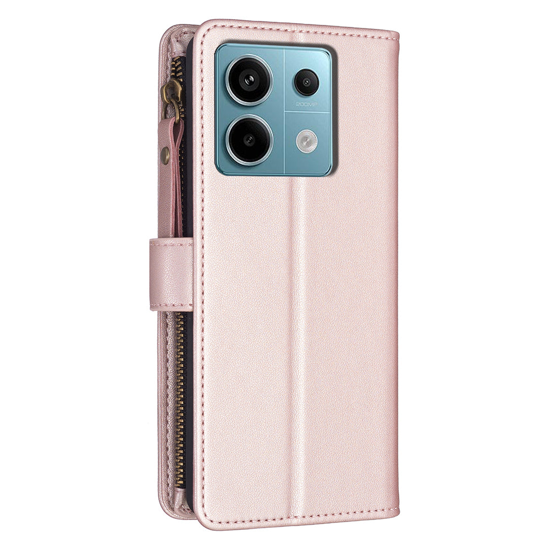 BF Style-19 for Xiaomi Redmi Note 13 Pro 4G / Poco M6 Pro 4G Zipper Leather Case Flip Wallet Phone Cover - Rose Gold