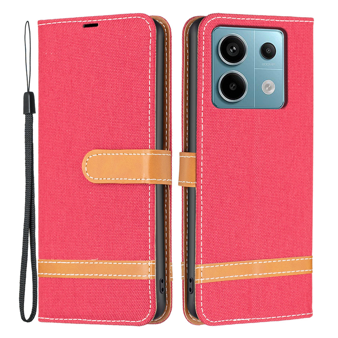 For Xiaomi Redmi Note 13 Pro 4G / Poco M6 Pro 4G Leather Wallet Case Jeans Cloth Texture Protective Cover - Red