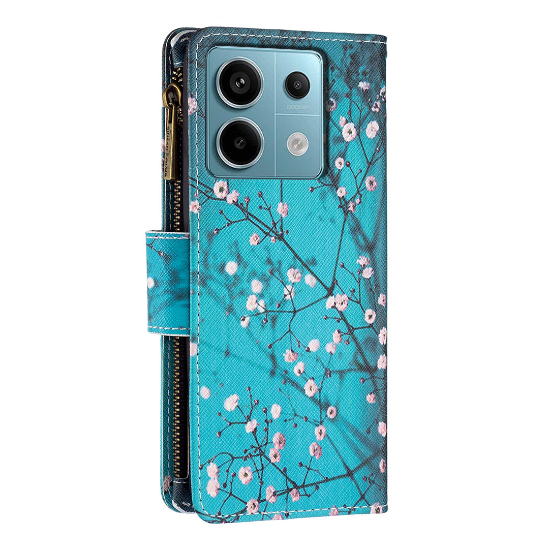 BF03 For Xiaomi Redmi Note 13 Pro 4G / Poco M6 Pro 4G Pattern Case Zipper PU Leather Phone Cover - Plum Blossom