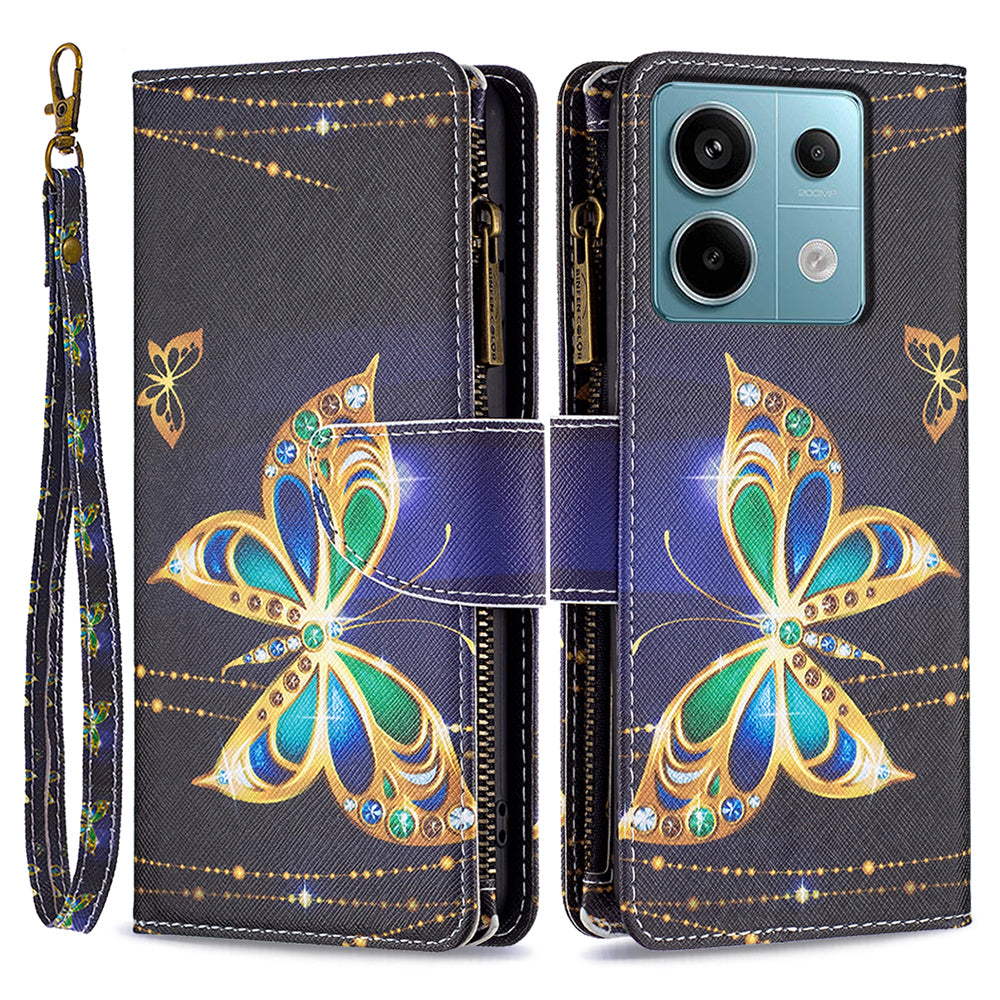 BF03 For Xiaomi Redmi Note 13 Pro 4G / Poco M6 Pro 4G Pattern Case Zipper PU Leather Phone Cover - Rhinestone Butterfly