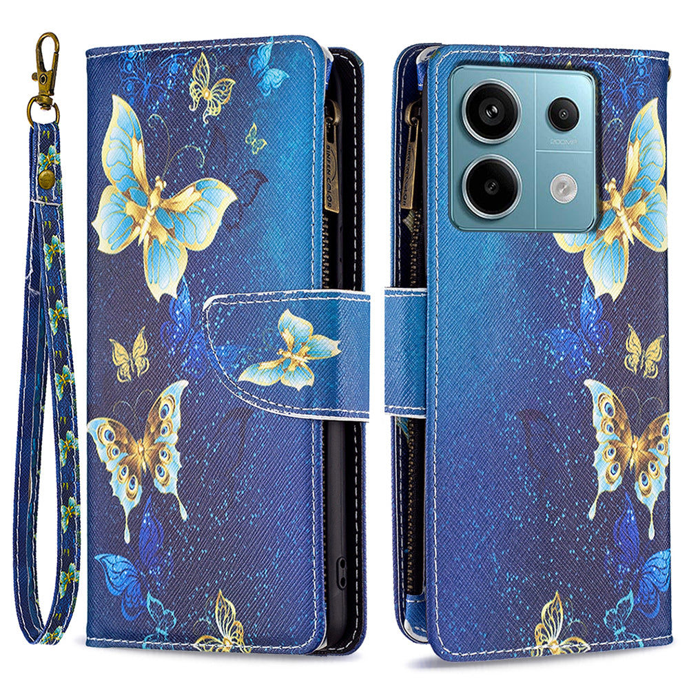 BF03 For Xiaomi Redmi Note 13 Pro 4G / Poco M6 Pro 4G Pattern Case Zipper PU Leather Phone Cover - Golden Butterflies