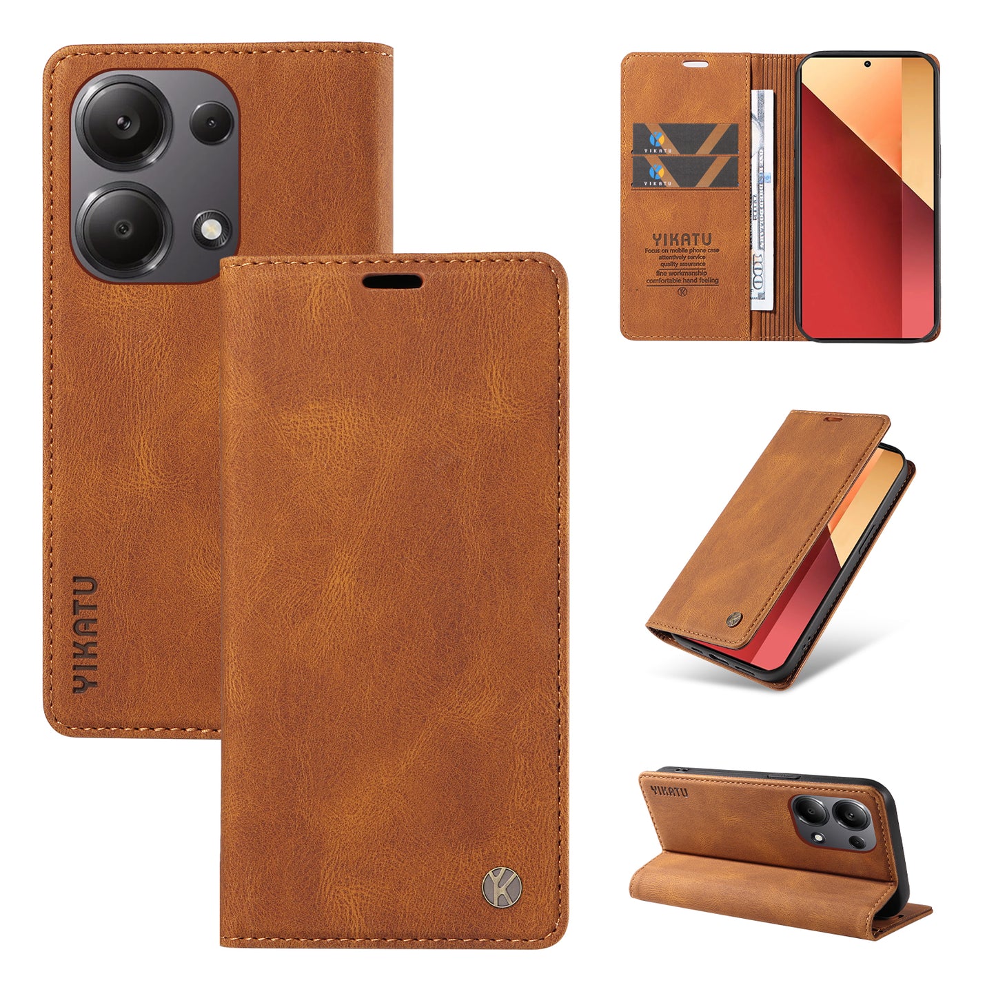 YIKATU YK-004 For Xiaomi Redmi Note 13 Pro 4G / Poco M6 Pro 4G Case Leather Skin-touch Phone Cover - Brown