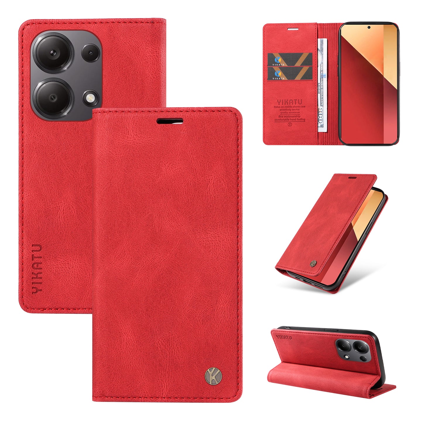 YIKATU YK-004 For Xiaomi Redmi Note 13 Pro 4G / Poco M6 Pro 4G Case Leather Skin-touch Phone Cover - Red