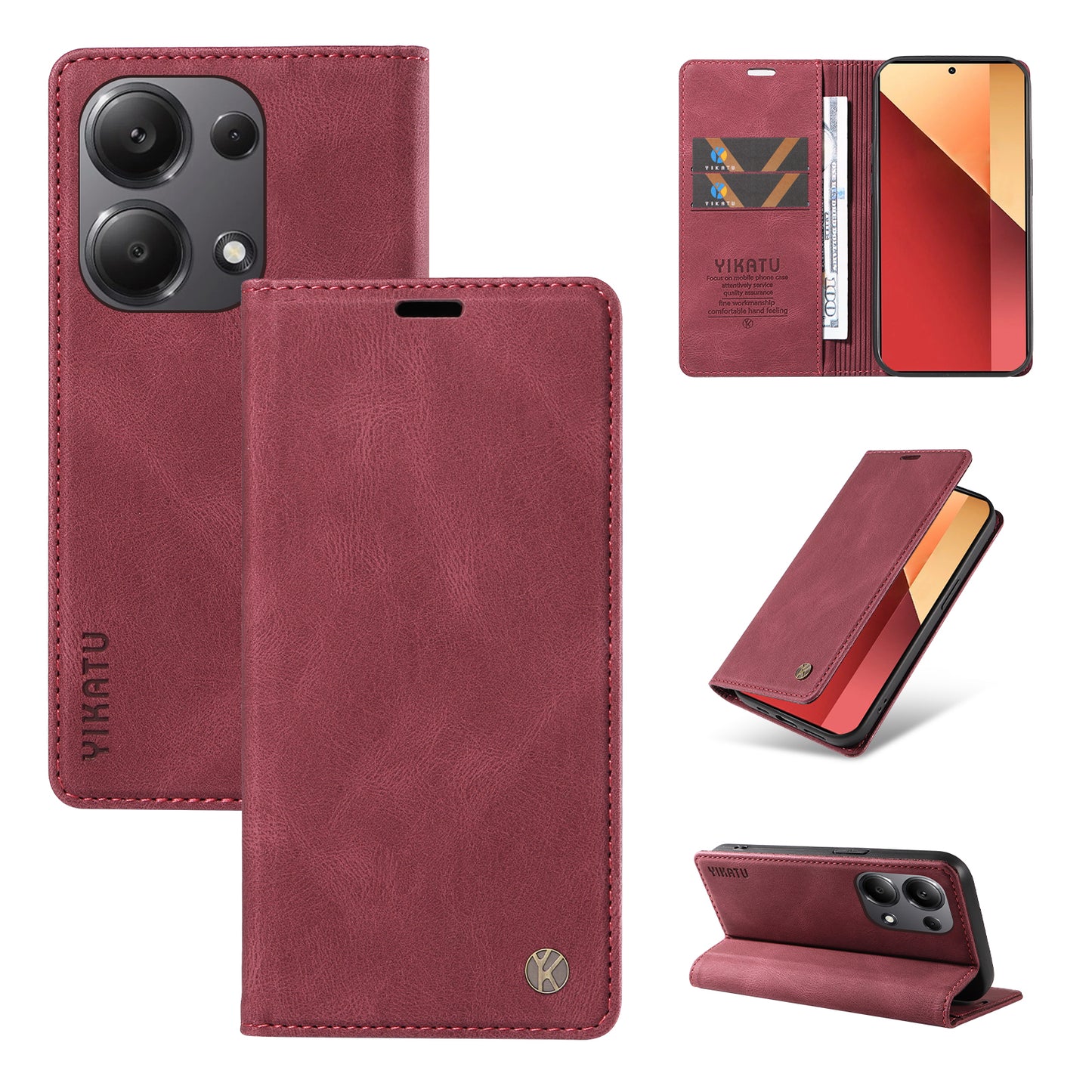 YIKATU YK-004 For Xiaomi Redmi Note 13 Pro 4G / Poco M6 Pro 4G Case Leather Skin-touch Phone Cover - Wine Red