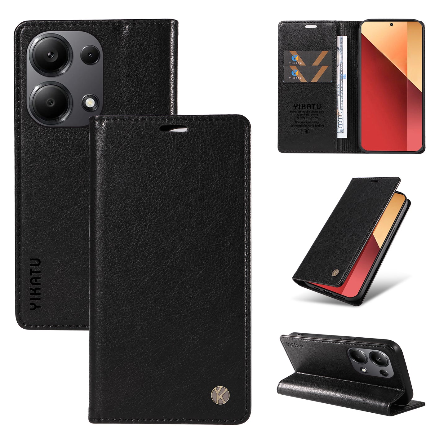 YIKATU YK-006 For Xiaomi Redmi Note 13 Pro 4G / Poco M6 Pro 4G Case Flip Wallet Phone Cover Litchi Texture - Black