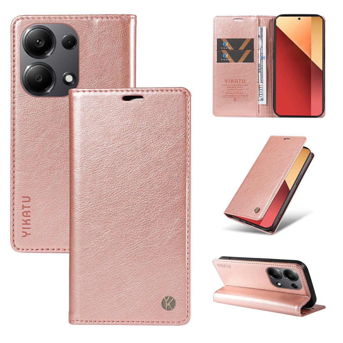 YIKATU YK-006 For Xiaomi Redmi Note 13 Pro 4G / Poco M6 Pro 4G Case Flip Wallet Phone Cover Litchi Texture - Rose Gold