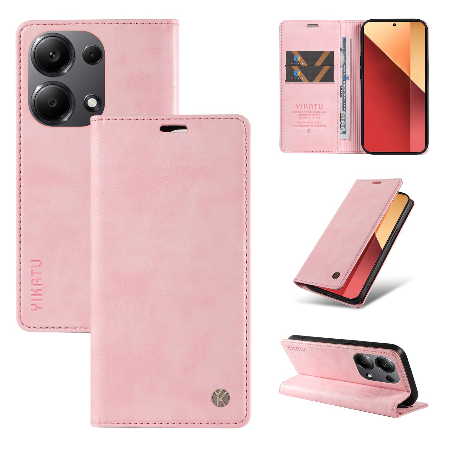 YIKATU YK-006 For Xiaomi Redmi Note 13 Pro 4G / Poco M6 Pro 4G Case Flip Wallet Phone Cover Litchi Texture - Pink