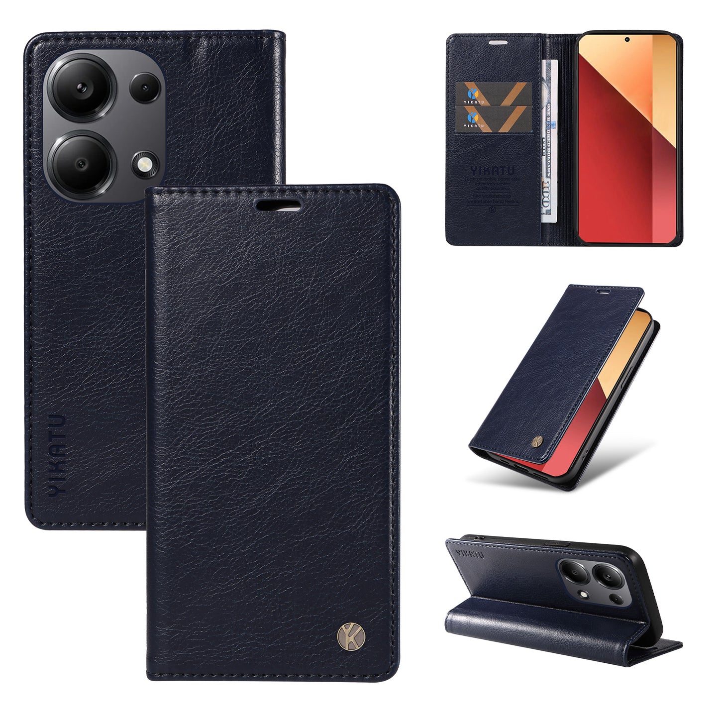 YIKATU YK-006 For Xiaomi Redmi Note 13 Pro 4G / Poco M6 Pro 4G Case Flip Wallet Phone Cover Litchi Texture - Navy Blue