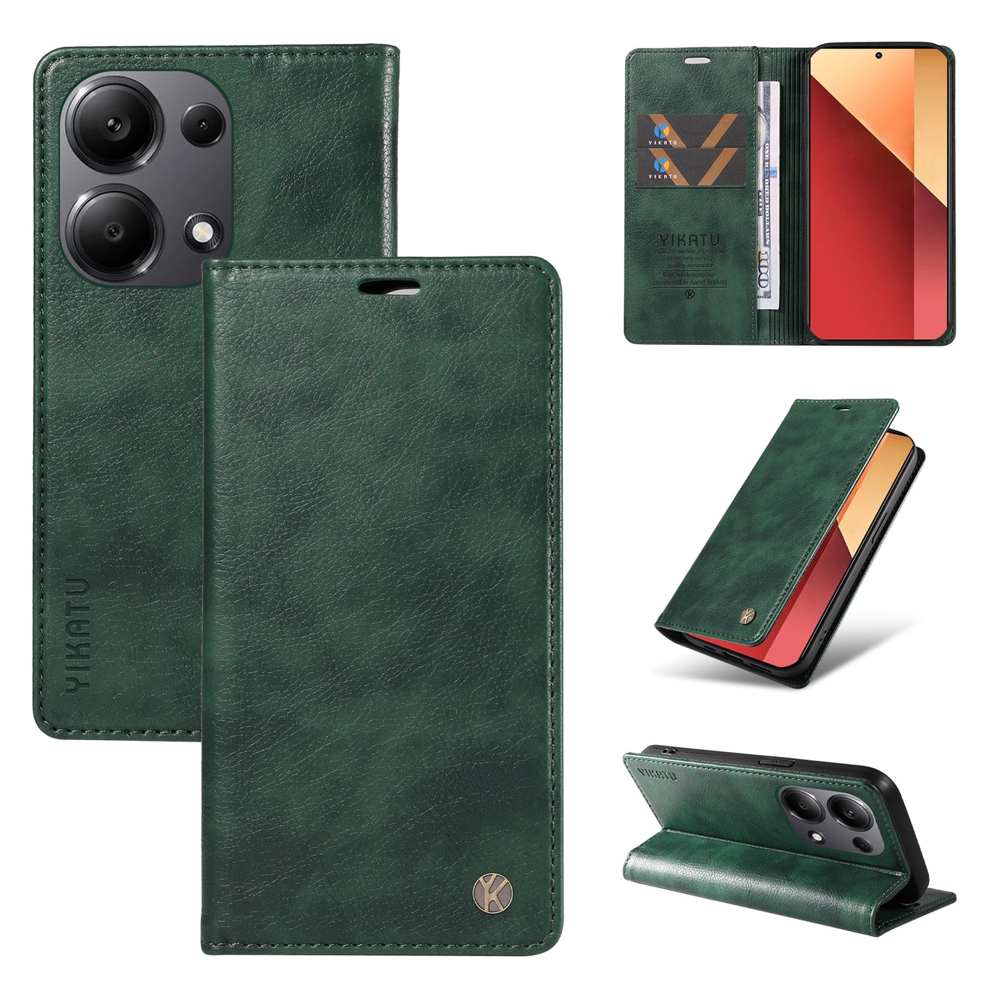 YIKATU YK-006 For Xiaomi Redmi Note 13 Pro 4G / Poco M6 Pro 4G Case Flip Wallet Phone Cover Litchi Texture - Green