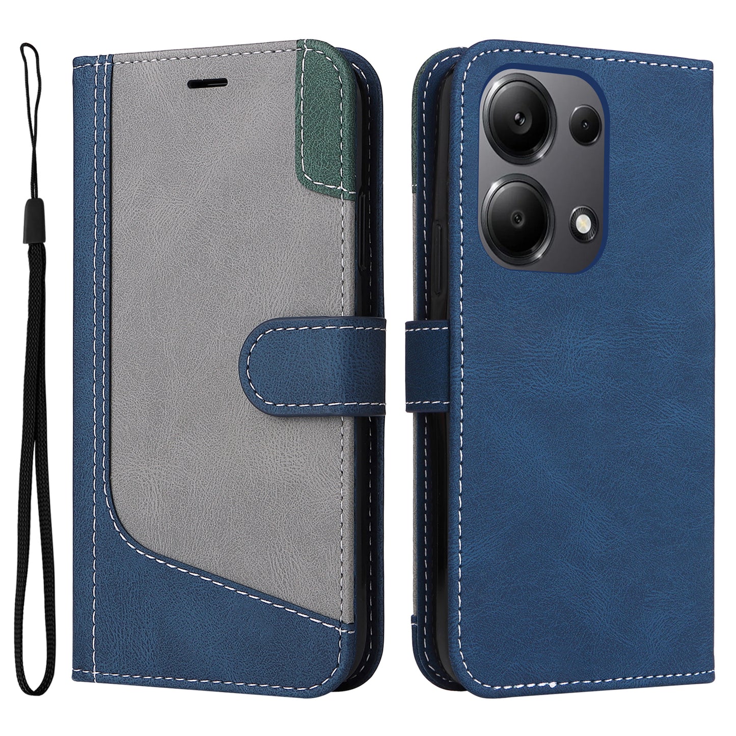 For Xiaomi Redmi Note 13 Pro 4G / Poco M6 Pro 4G Phone Case Three-color Splicing Stand Cover - Blue