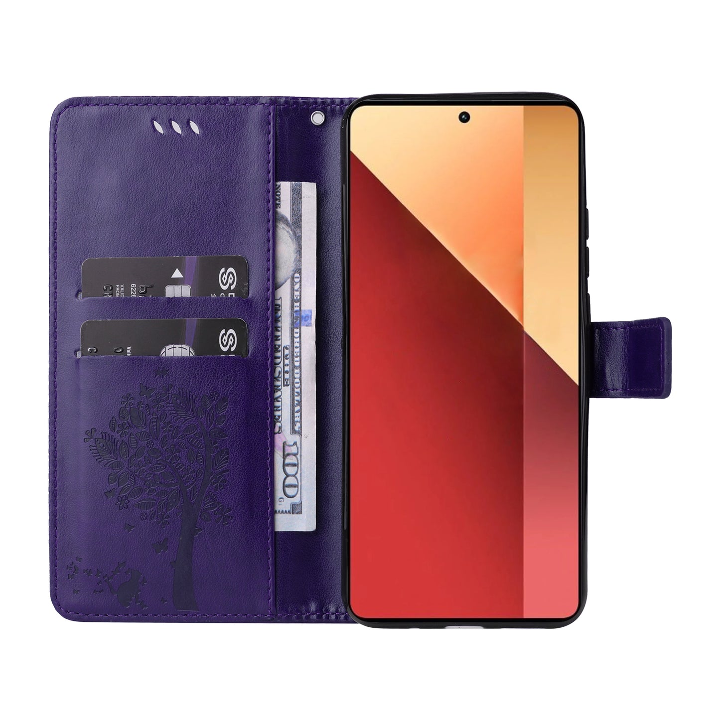 KT Imprinting Flower Series-3 For Xiaomi Redmi Note 13 Pro 4G / Poco M6 Pro 4G Case Cat Tree Pattern Wallet Cover - Dark Purple