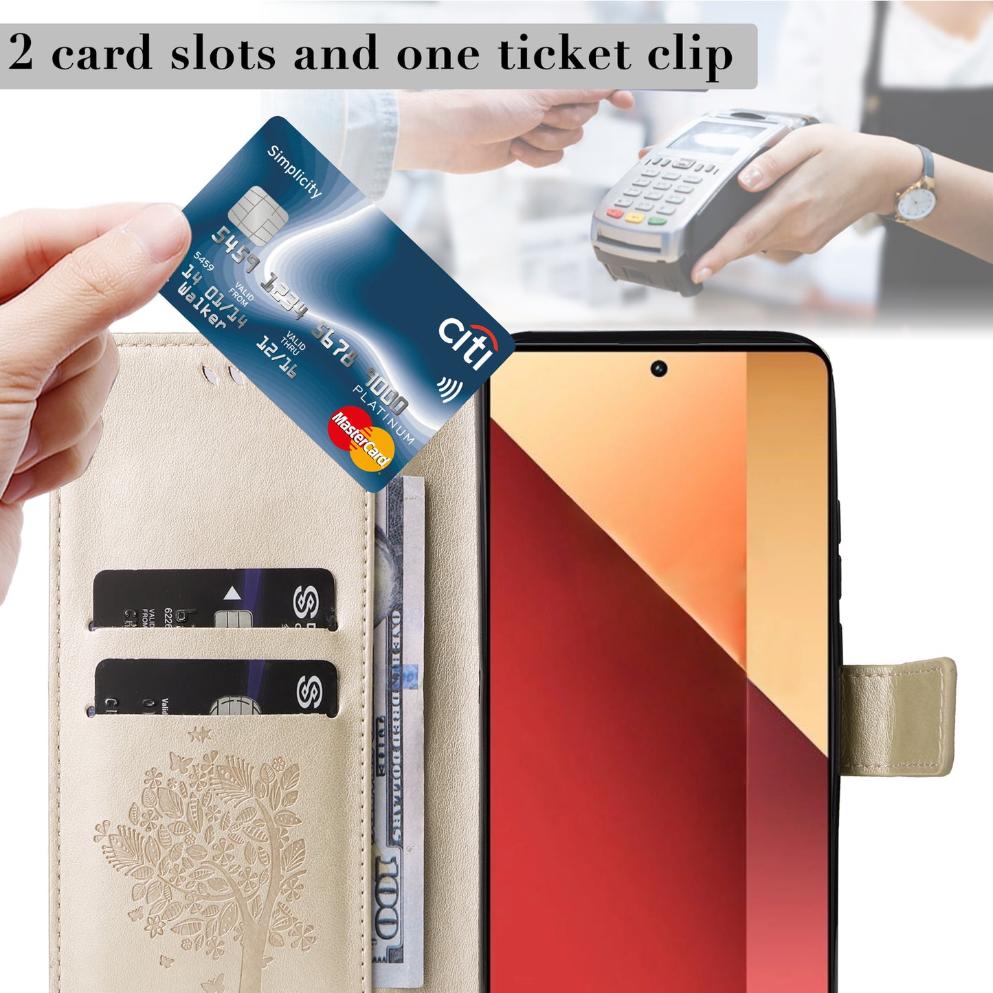 KT Imprinting Flower Series-3 For Xiaomi Redmi Note 13 Pro 4G / Poco M6 Pro 4G Case Cat Tree Pattern Wallet Cover - Gold