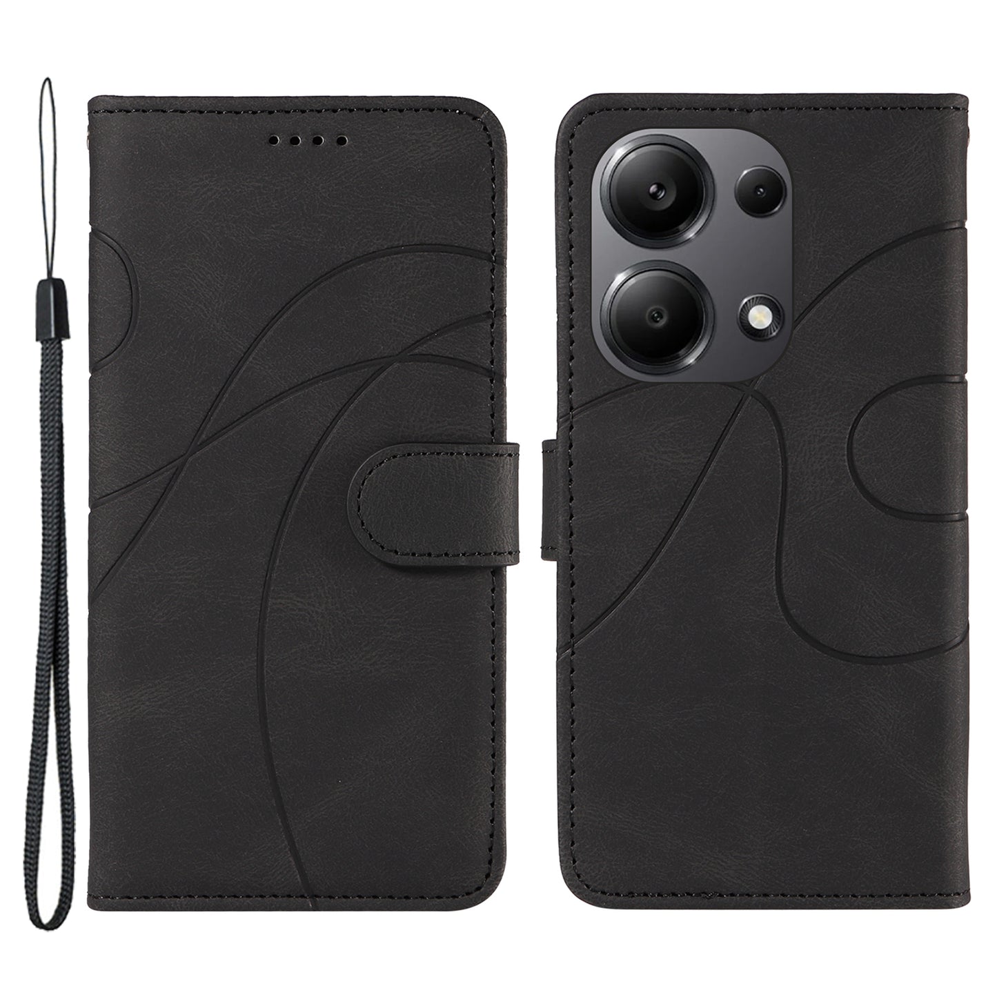 For Xiaomi Redmi Note 13 Pro 4G / Poco M6 Pro 4G Case Imprinted Curved Line Leather Cover - Black