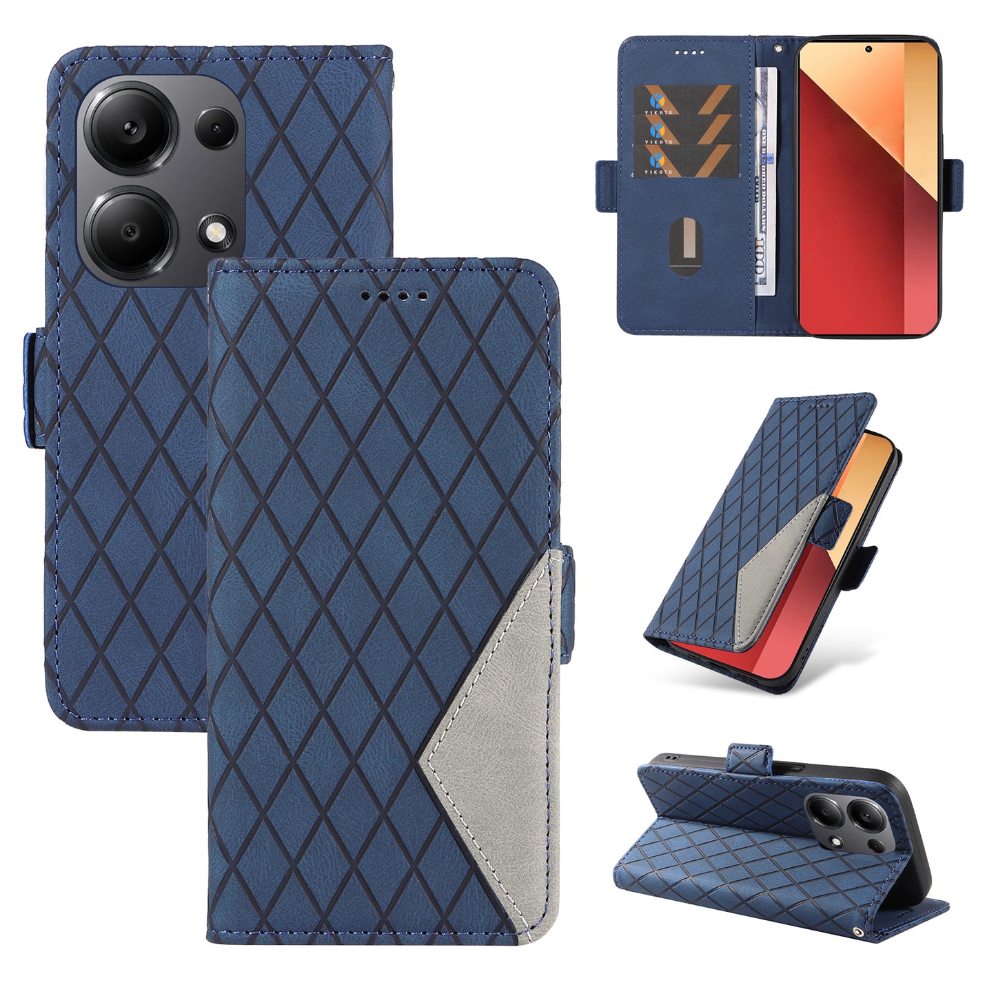 For Xiaomi Redmi Note 13 Pro 4G / Poco M6 Pro 4G Magnetic Case Leather Wallet Cover with Rhombus Pattern - Blue