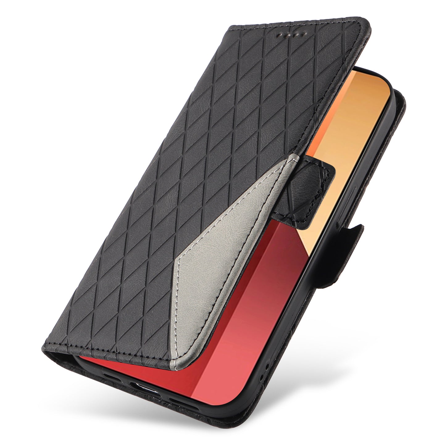 For Xiaomi Redmi Note 13 Pro 4G / Poco M6 Pro 4G Magnetic Case Leather Wallet Cover with Rhombus Pattern - Black