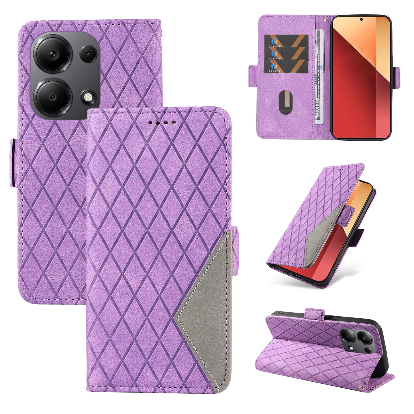 For Xiaomi Redmi Note 13 Pro 4G / Poco M6 Pro 4G Magnetic Case Leather Wallet Cover with Rhombus Pattern - Light Purple