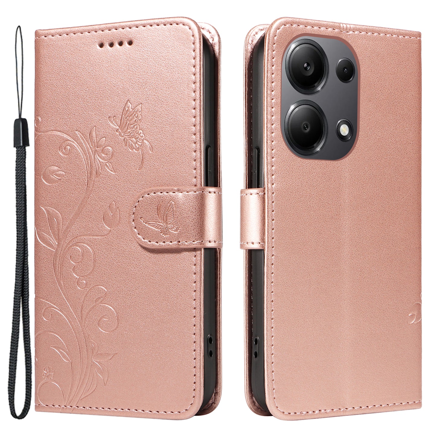 For Xiaomi Redmi Note 13 Pro 4G / Poco M6 Pro 4G Case Butterfly Flower Pattern Wallet Style Phone Cover - Rose Gold