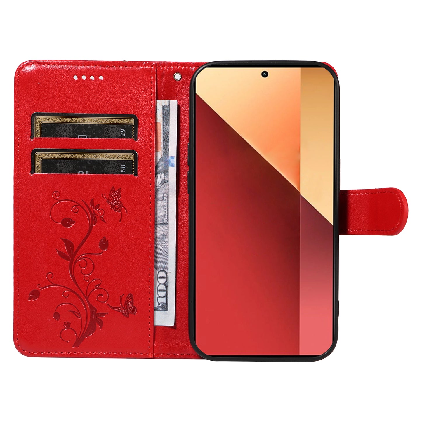 For Xiaomi Redmi Note 13 Pro 4G / Poco M6 Pro 4G Case Butterfly Flower Pattern Wallet Style Phone Cover - Red