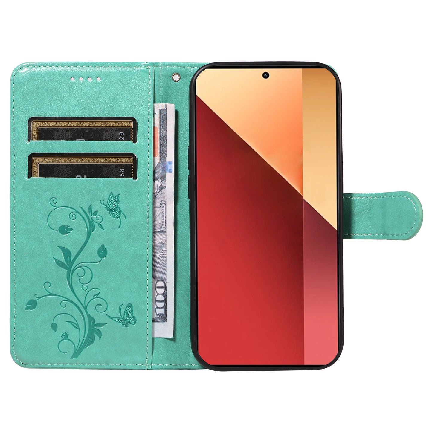 For Xiaomi Redmi Note 13 Pro 4G / Poco M6 Pro 4G Case Butterfly Flower Pattern Wallet Style Phone Cover - Green