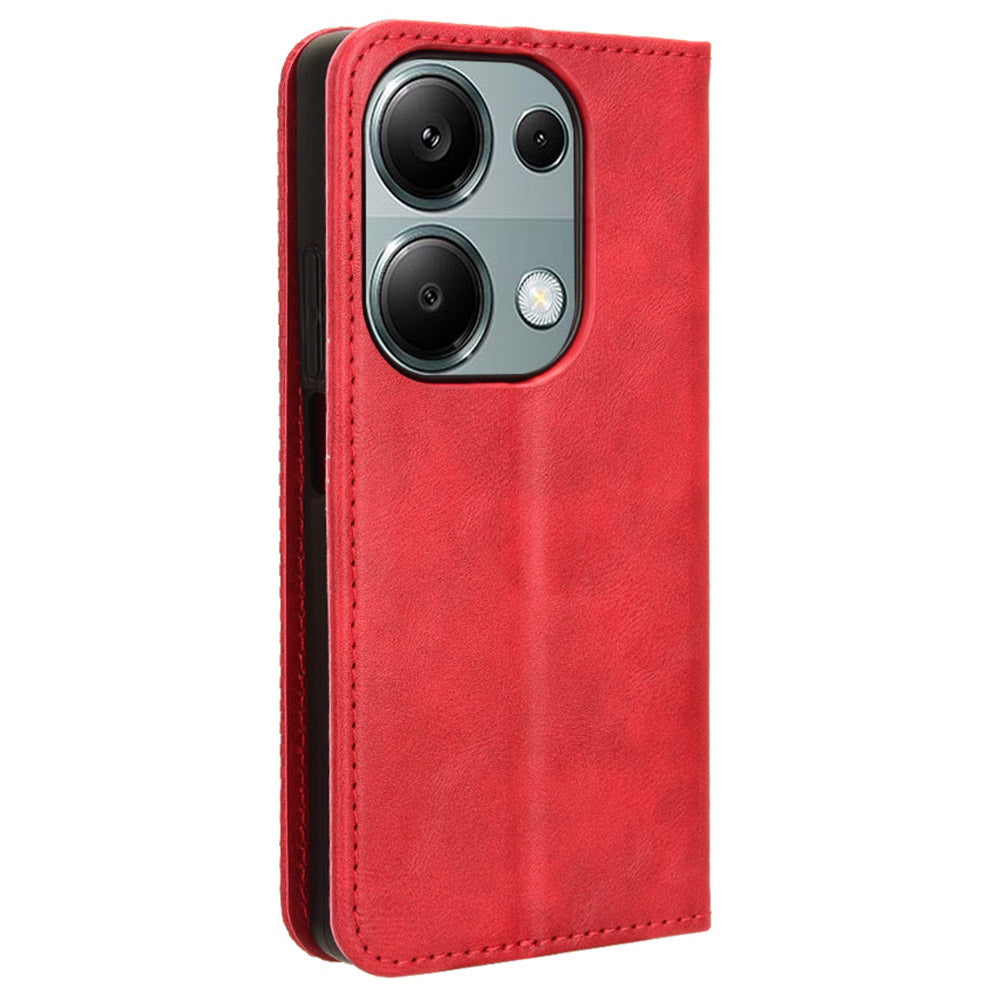 For Xiaomi Redmi Note 13 Pro 4G / Poco M6 Pro 4G Wallet Case Leather Vintage Phone Cover - Red