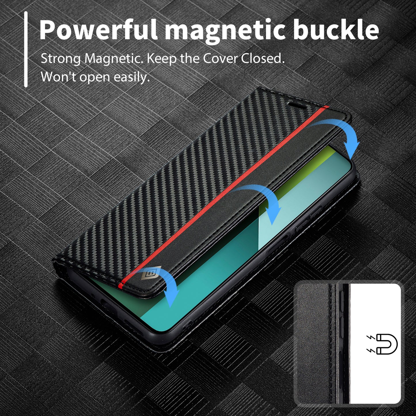 LC.IMEEKE For Xiaomi Redmi Note 13 Pro 4G / Poco M6 Pro 4G Carbon Fiber Texture Case Magnetic Closure Phone Cover - Vertical Stripe