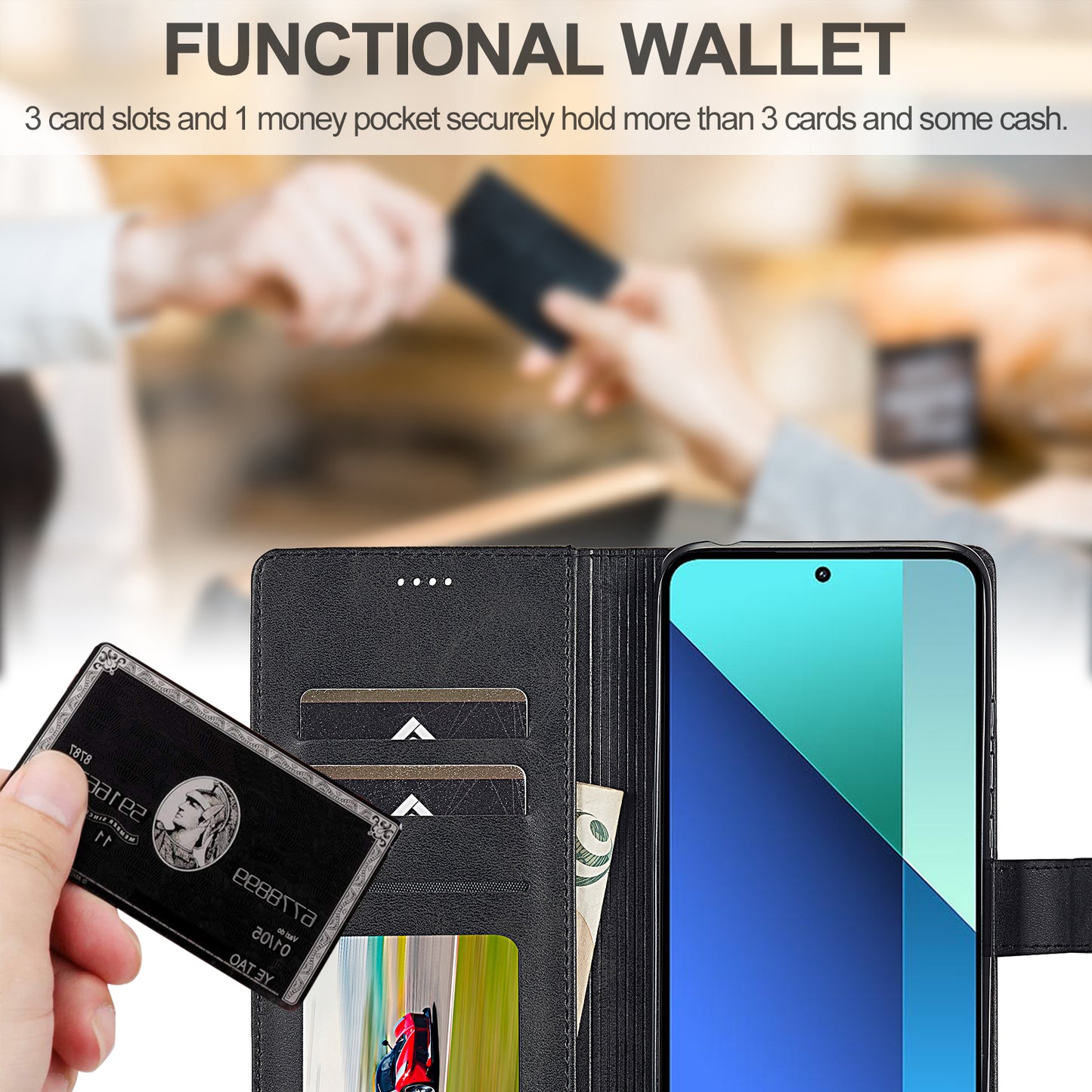 LC.IMEEKE For Xiaomi Redmi Note 13 4G Wallet Case Calf Texture Leather Folio Phone Cover - Black
